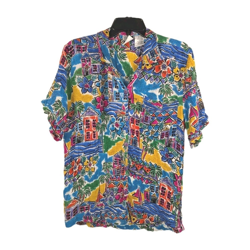 PHOOL Women's Y2K Vintage Size M Hawaiian Button Front Shirt Bright Vacation